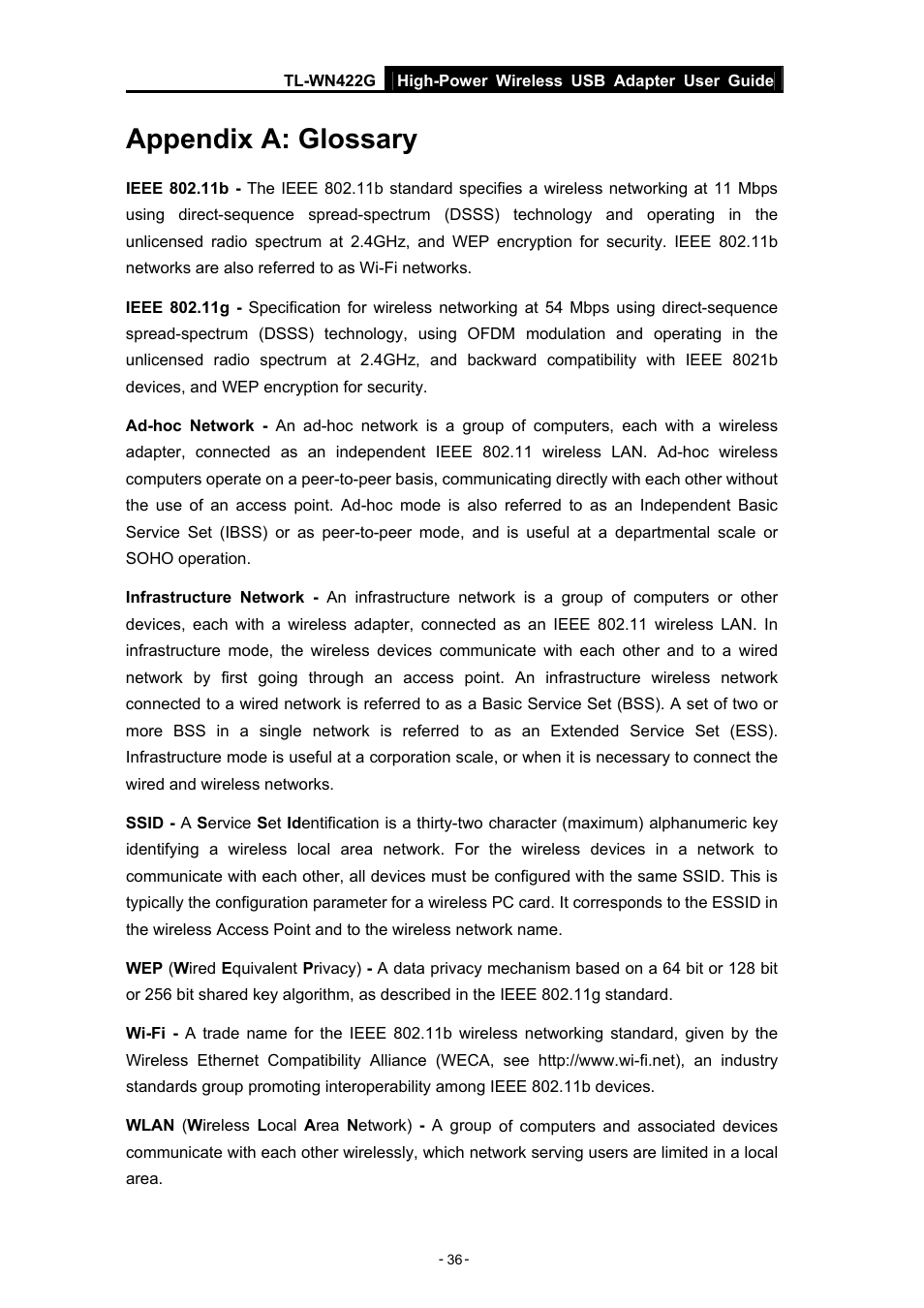 Appendix a: glossary | TP-Link High-Power Wireless USB Adapter TL-WN422G User Manual | Page 41 / 43