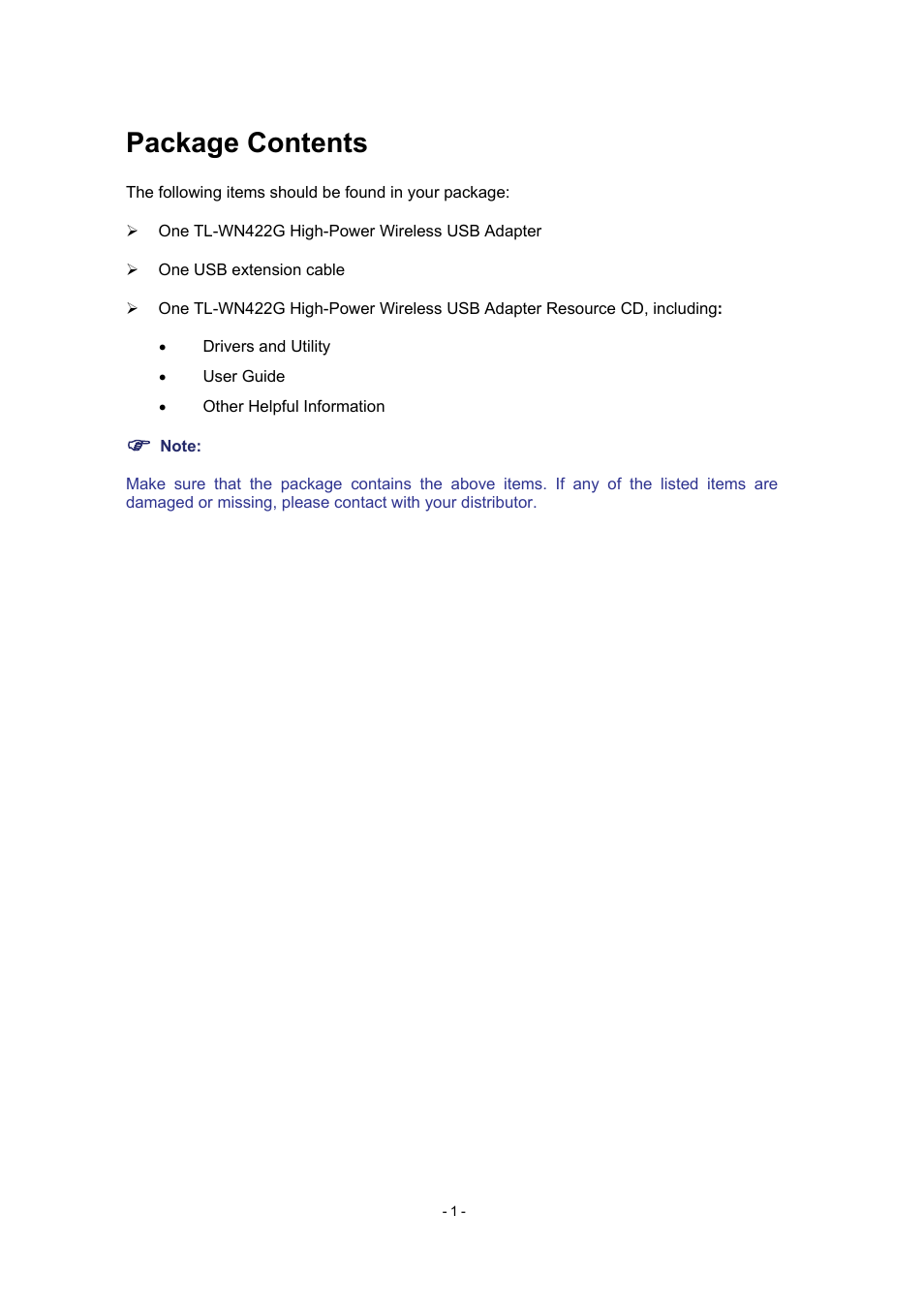 Package contents | TP-Link High-Power Wireless USB Adapter TL-WN422G User Manual | Page 6 / 43