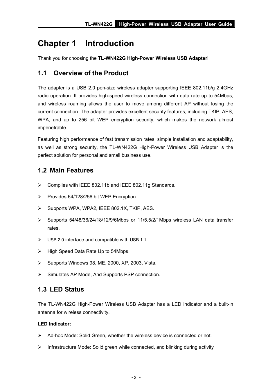 Chapter 1 introduction, 1 overview of the product, 2 main features | 3 led status, Overview of the product, Main features, Led status | TP-Link High-Power Wireless USB Adapter TL-WN422G User Manual | Page 7 / 43
