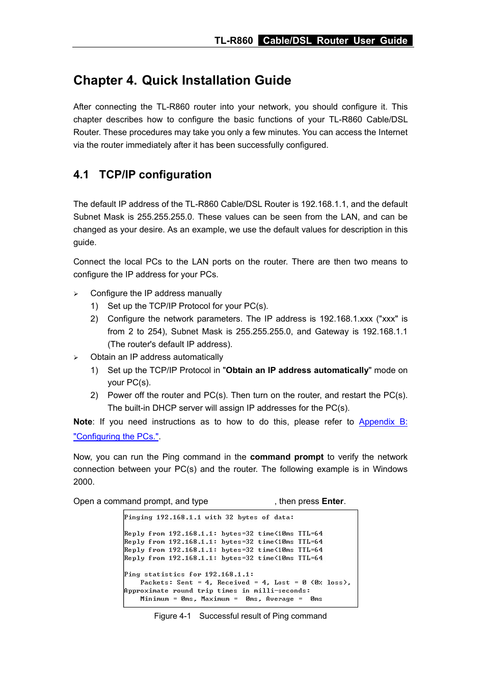 Chapter 4. quick installation guide, 1 tcp/ip configuration, Chapter 4 | Quick installation guide, Tcp/ip configuration | TP-Link TL-R860 User Manual | Page 13 / 65