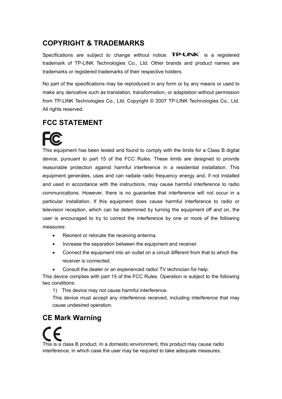 Tl-r860 user guide.pdf, Copyright & trademarks, Fcc statement | Ce mark warning | TP-Link TL-R860 User Manual | Page 2 / 65