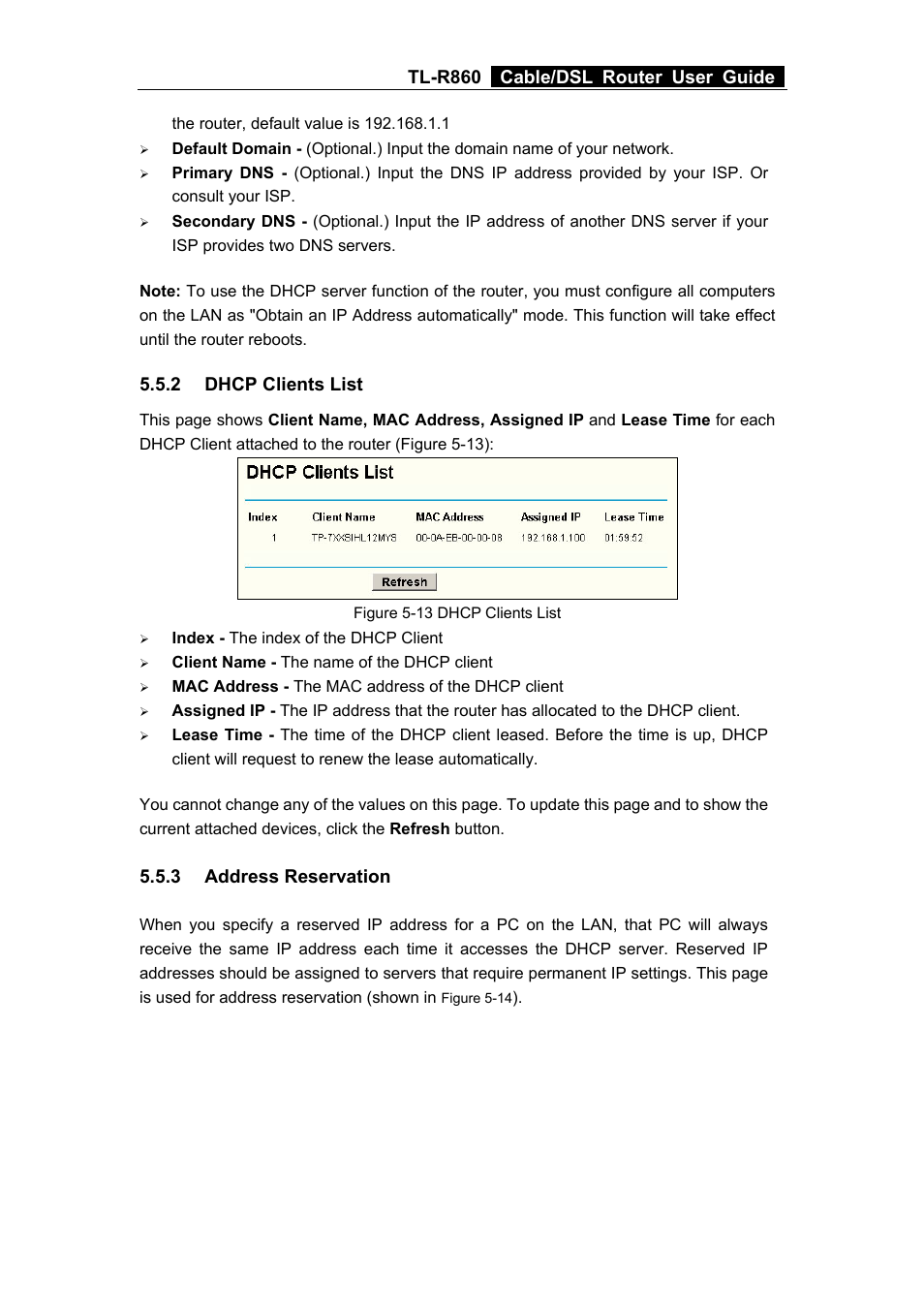 2 dhcp clients list, 3 address reservation, Dhcp clients list | Address reservation, Tl-r860 cable/dsl router user guide | TP-Link TL-R860 User Manual | Page 27 / 65