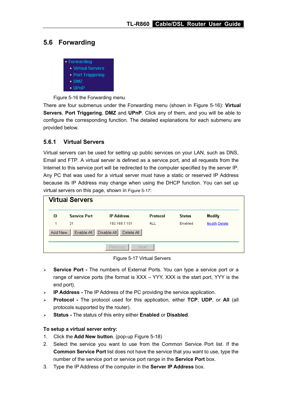 6 forwarding, 1 virtual servers, Forwarding | Virtual servers, Tl-r860 cable/dsl router user guide | TP-Link TL-R860 User Manual | Page 29 / 65