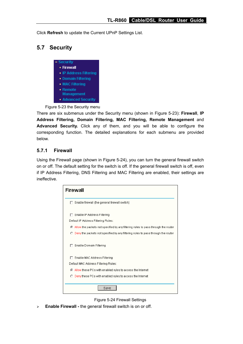 7 security, 1 firewall, Security | Firewall | TP-Link TL-R860 User Manual | Page 34 / 65