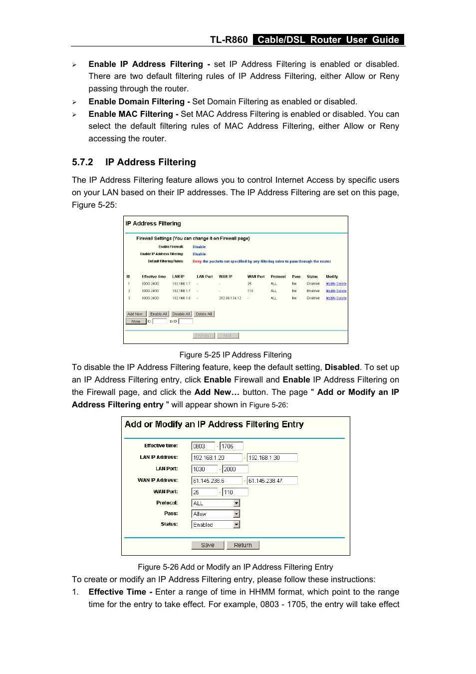 2 ip address filtering, Ip address filtering, Tl-r860 cable/dsl router user guide | TP-Link TL-R860 User Manual | Page 35 / 65