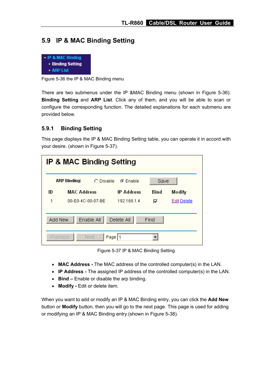 9 ip & mac binding setting, 1 binding setting, Ip & mac binding setting | Binding setting | TP-Link TL-R860 User Manual | Page 44 / 65