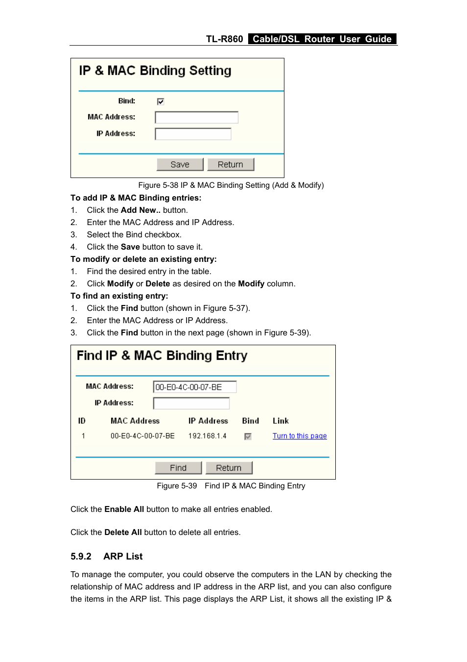 2 arp list, Arp list | TP-Link TL-R860 User Manual | Page 45 / 65