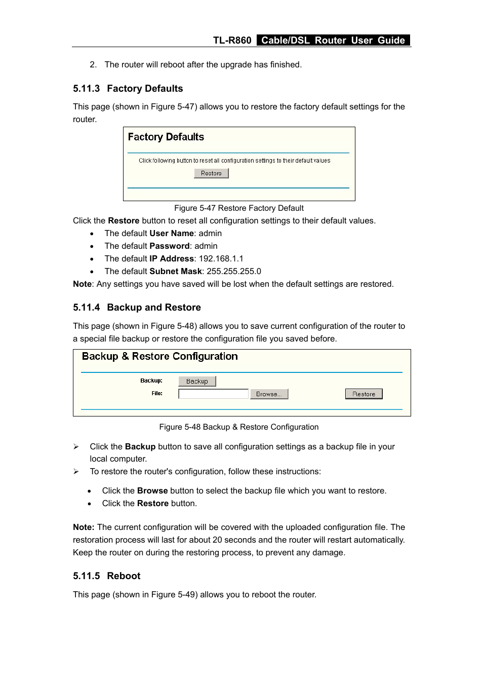 3 factory defaults, 4 backup and restore, 5 reboot | TP-Link TL-R860 User Manual | Page 51 / 65