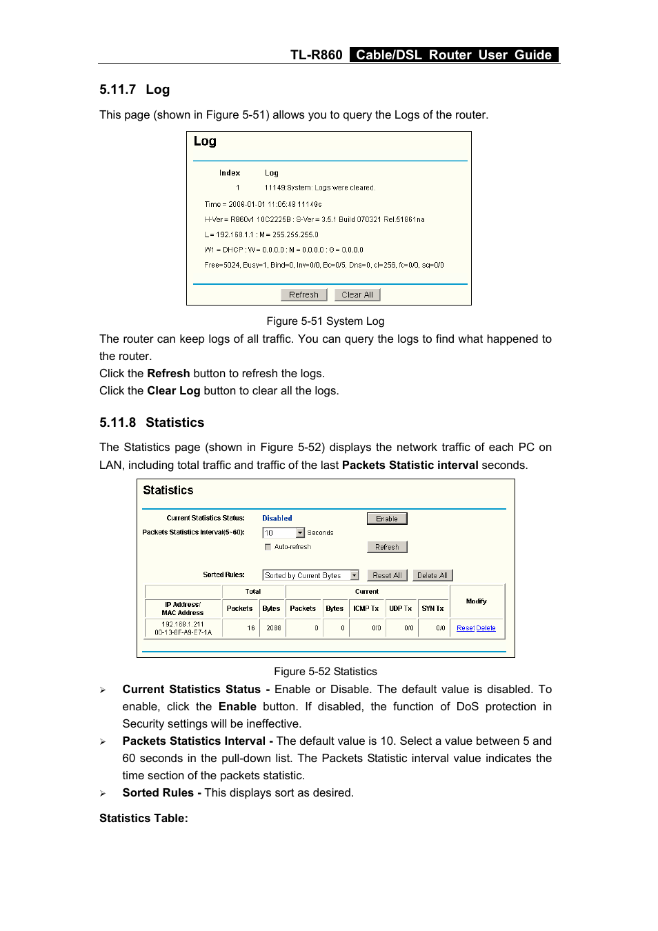 7 log, 8 statistics, 7 log 5.11.8 statistics | TP-Link TL-R860 User Manual | Page 53 / 65