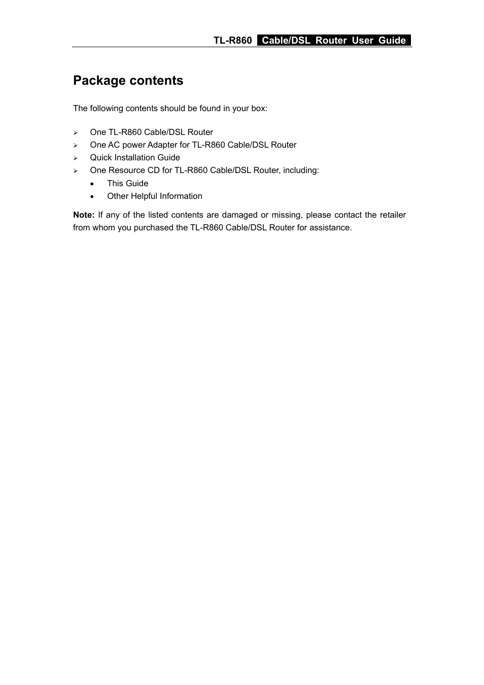 Package contents | TP-Link TL-R860 User Manual | Page 6 / 65