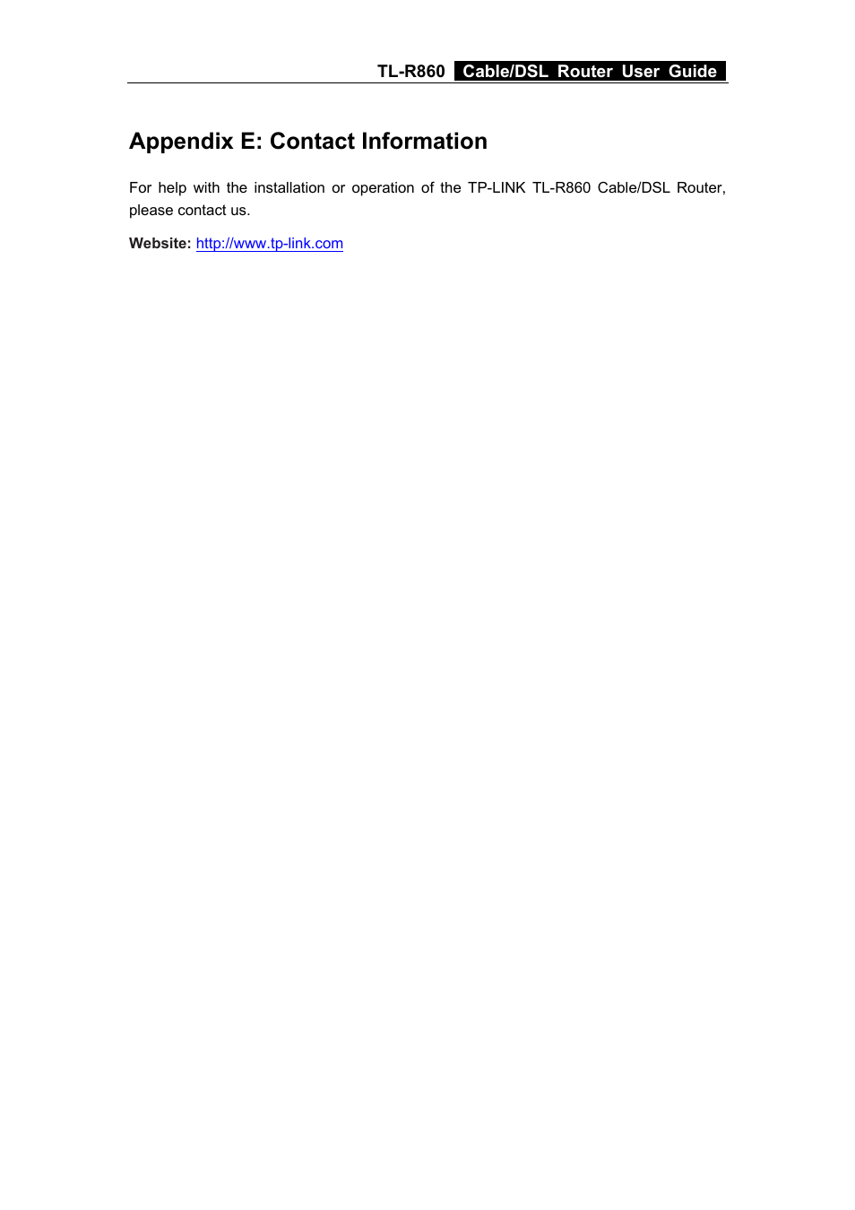 Appendix e: contact information | TP-Link TL-R860 User Manual | Page 65 / 65