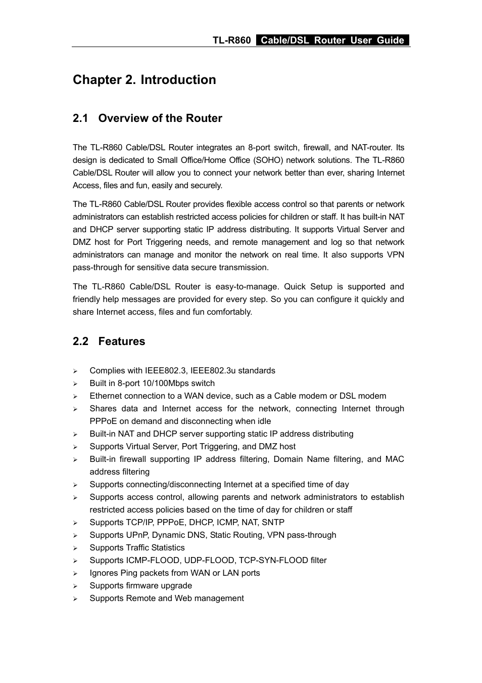 Chapter 2. introduction, 1 overview of the router, 2 features | Chapter 2, Introduction, Overview of the router, Features, Tl-r860 cable/dsl router user guide | TP-Link TL-R860 User Manual | Page 8 / 65