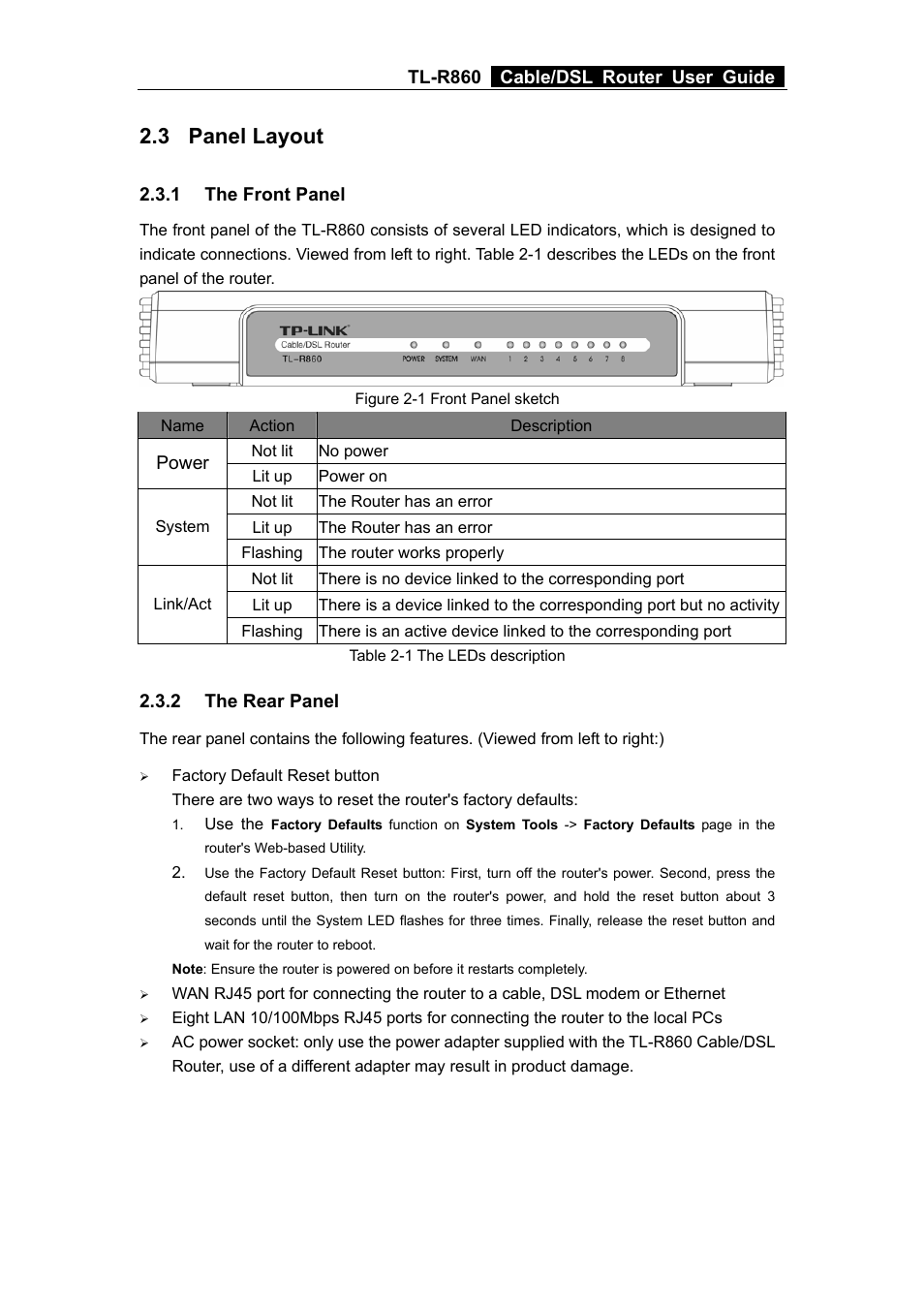 3 panel layout, 1 the front panel, 2 the rear panel | Panel layout, The front panel, The rear panel | TP-Link TL-R860 User Manual | Page 9 / 65