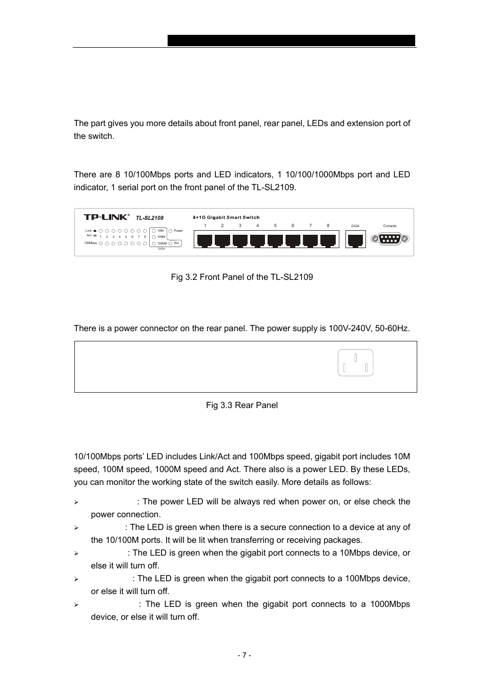 1 front panel, 2 rear panel, 3 led indicators | TP-Link TL-SL2109 User Manual | Page 10 / 30