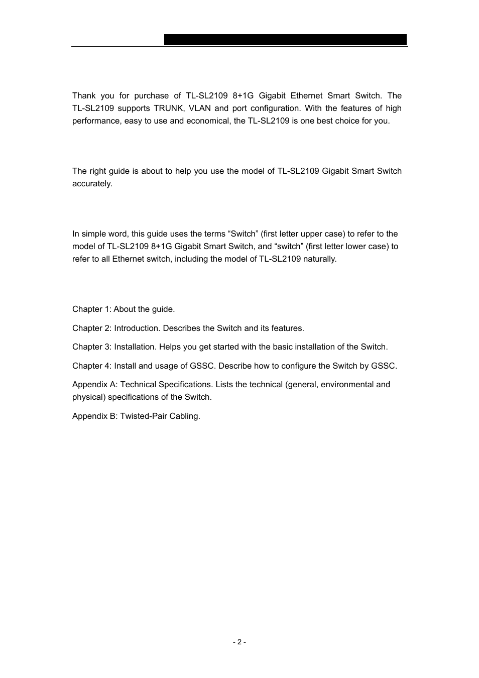 Chapter 1: about the guide, 1 purpose, 2 terms and usage | 3 overview of the guide | TP-Link TL-SL2109 User Manual | Page 5 / 30