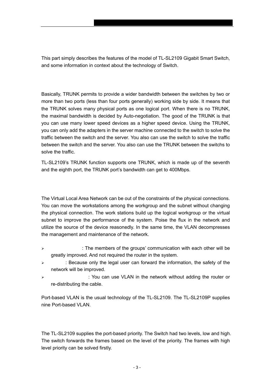 Chapter 2: introduction of the product, 1 port-trunking function, 2 virtual local area network | 3 priority | TP-Link TL-SL2109 User Manual | Page 6 / 30