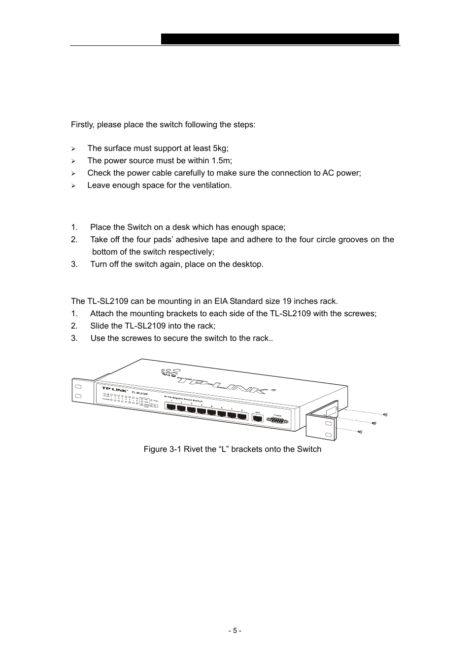 Chapter 3: installation, 1 installation, 1 installation on the desktop | 2 rack installation | TP-Link TL-SL2109 User Manual | Page 8 / 30