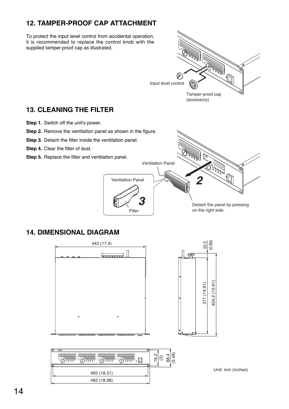 Cleaning the filter, Dimensional diagram, Tamper-proof cap attachment | TP-Link DA-500F-HL CU User Manual | Page 14 / 20