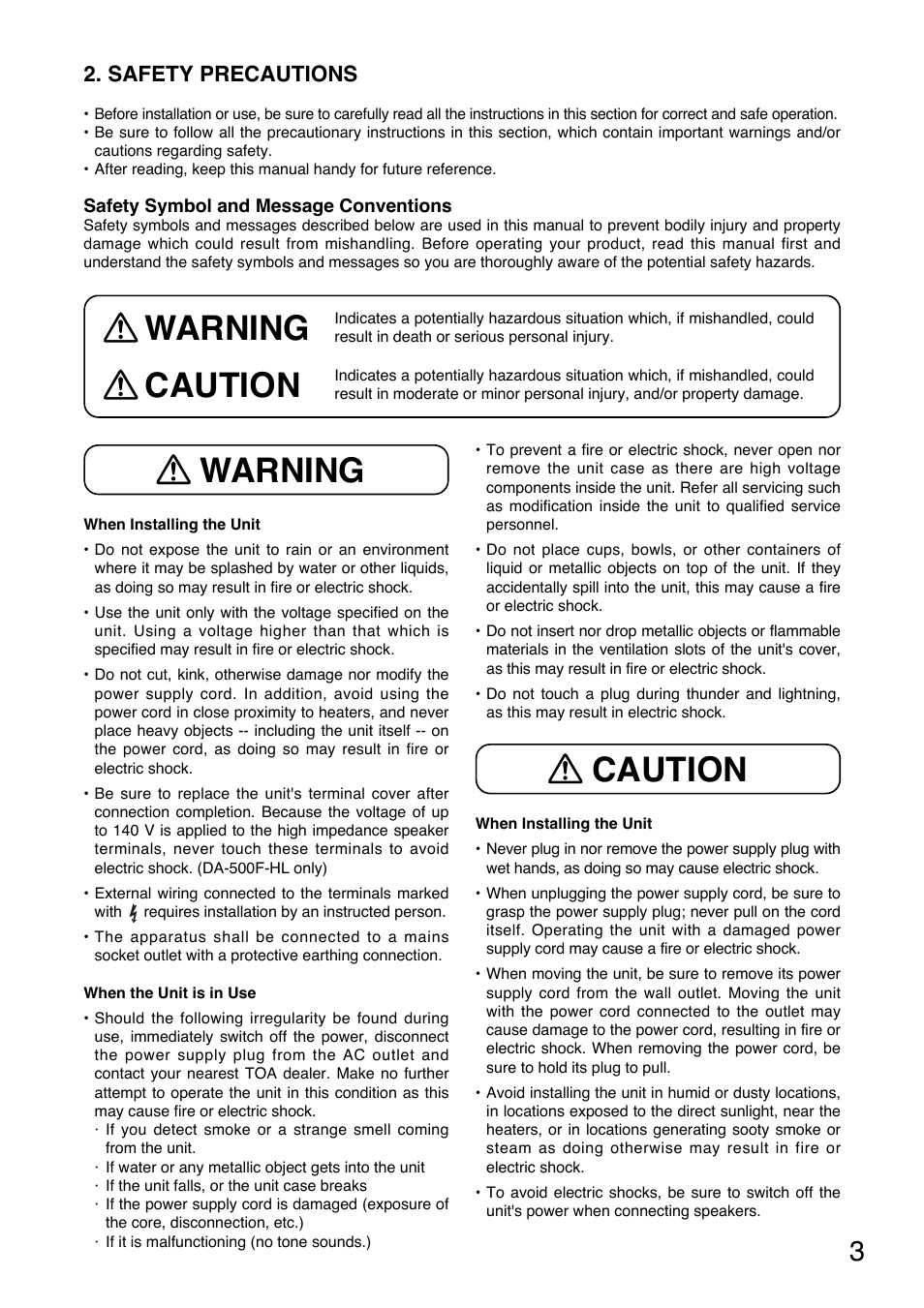 Warning, Warning caution caution, Safety precautions | TP-Link DA-500F-HL CU User Manual | Page 3 / 20