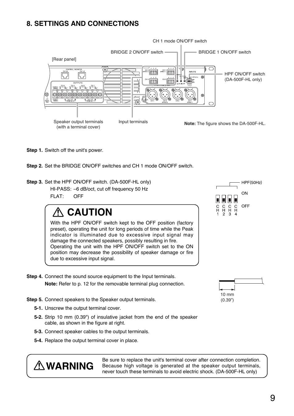 Warning, Caution, Settings and connections | TP-Link DA-500F-HL CU User Manual | Page 9 / 20