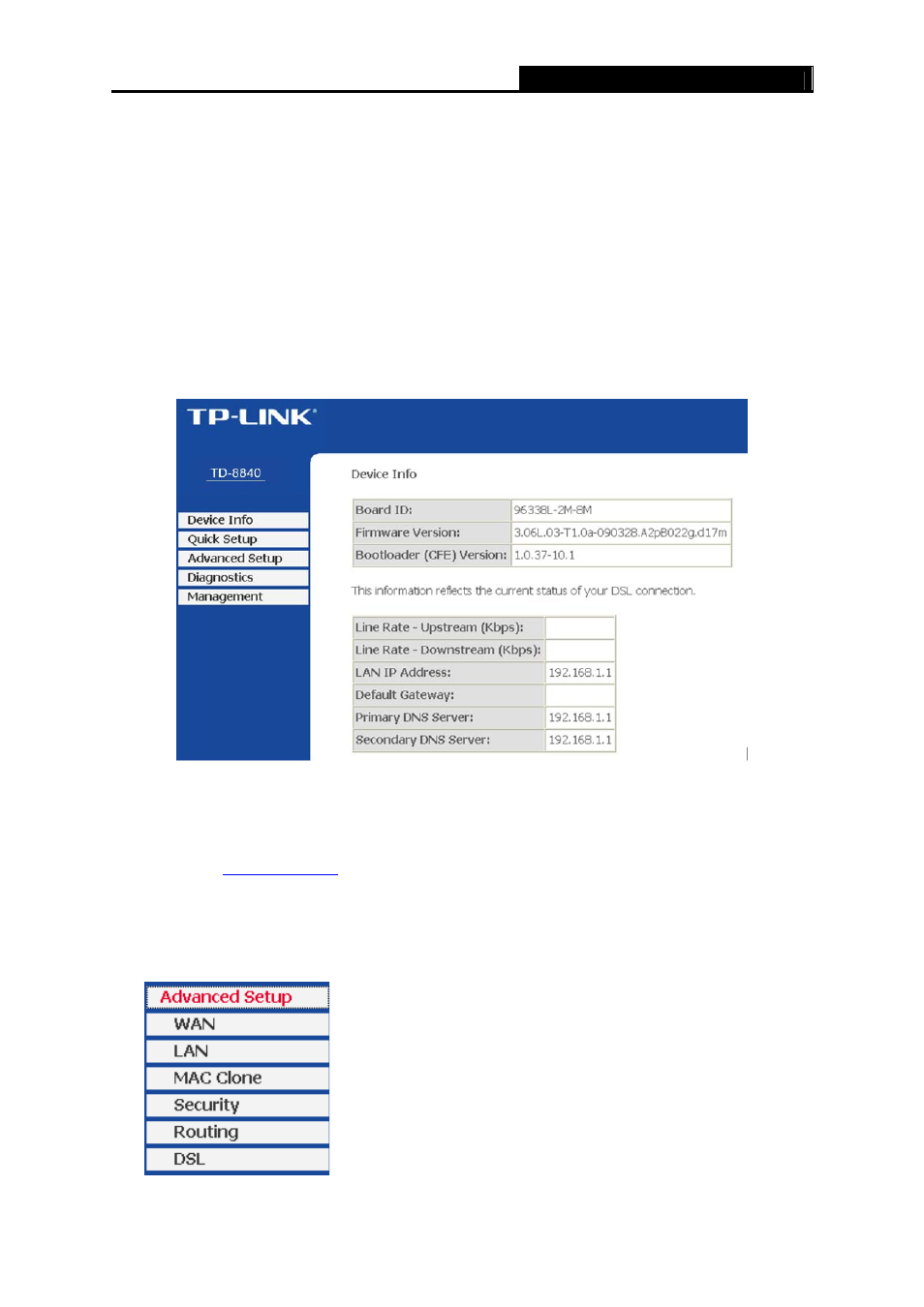 Chapter 4. software configuration, 1 device info, 2 quick setup | 3 advanced setup, Chapter 4, Software configuration, Device info, Quick setup, Advanced setup | TP-Link TD-8840 User Manual | Page 27 / 63