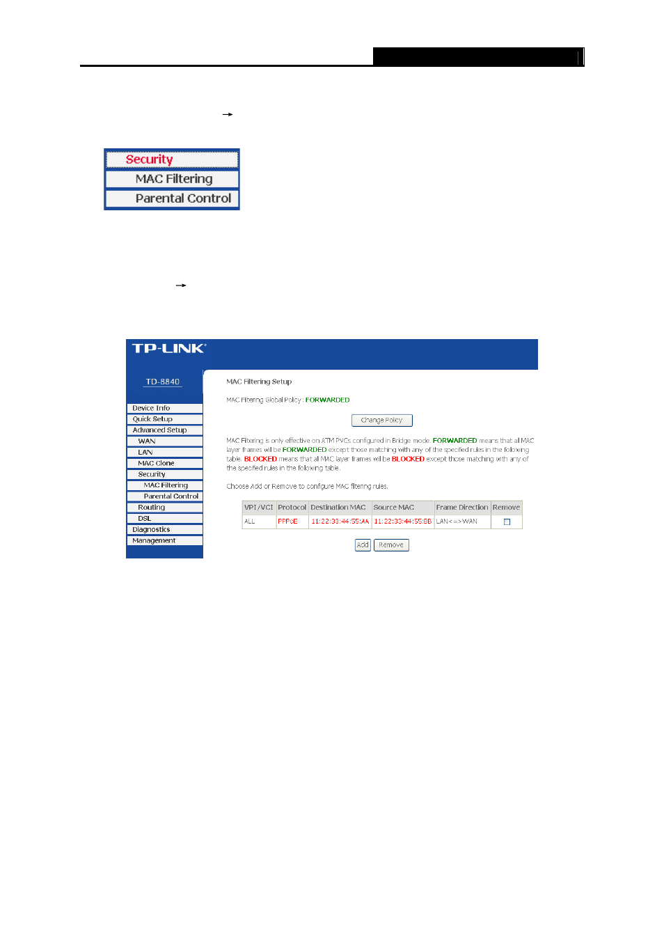 4 security, Mac filtering, Security | TP-Link TD-8840 User Manual | Page 43 / 63