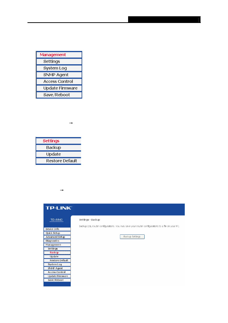 5 management, 1 settings, Backup | Management, Settings | TP-Link TD-8840 User Manual | Page 51 / 63