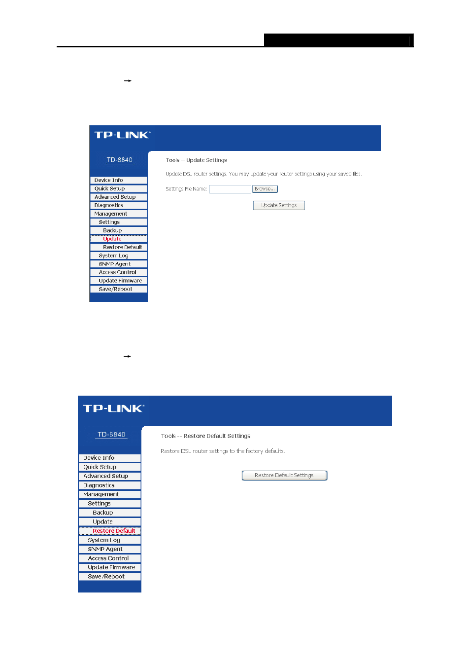 Update, Restore default | TP-Link TD-8840 User Manual | Page 52 / 63