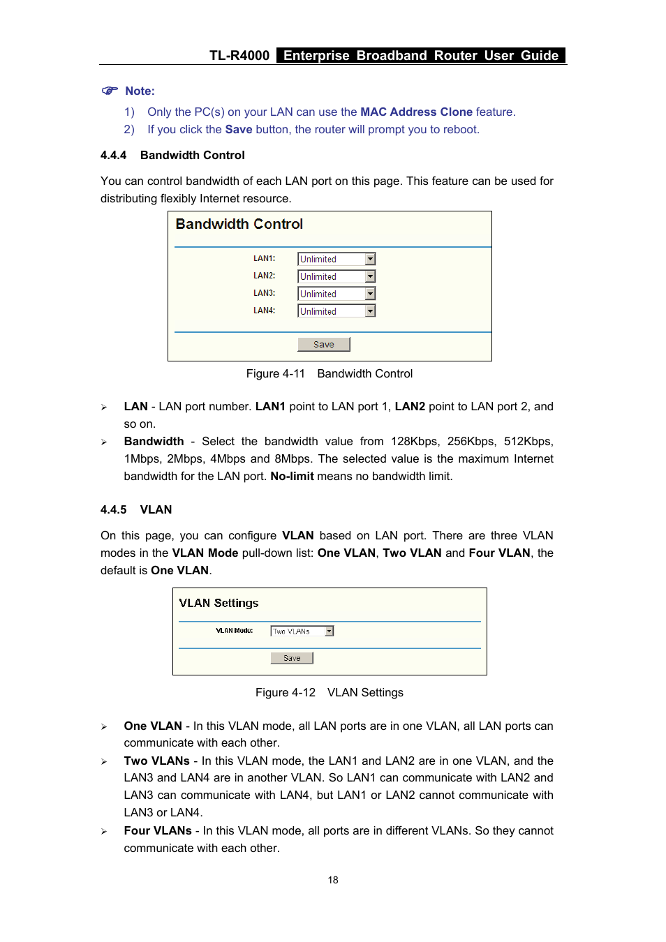 4 bandwidth control, 5 vlan, Bandwidth control | Vlan | TP-Link TL-R4000 User Manual | Page 24 / 65