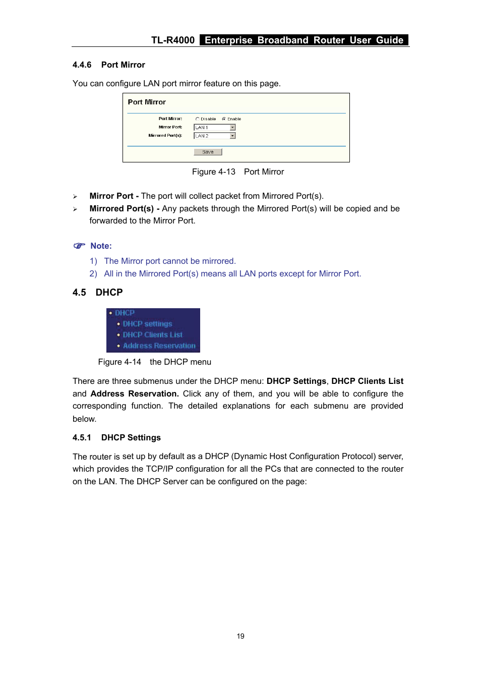 6 port mirror, 5 dhcp, 1 dhcp settings | Port mirror, Dhcp, Dhcp settings | TP-Link TL-R4000 User Manual | Page 25 / 65