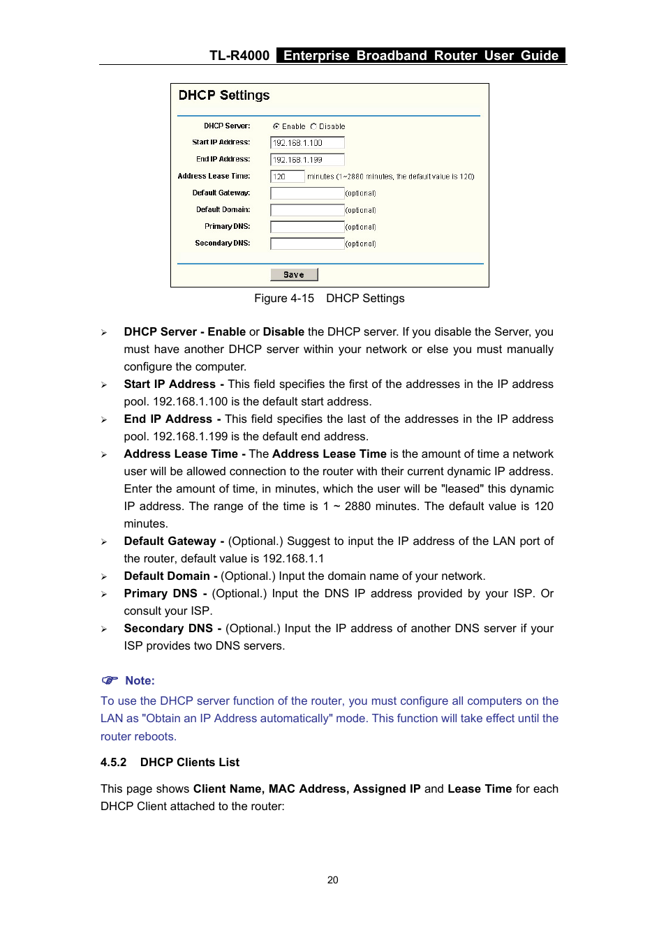 2 dhcp clients list, Dhcp clients list, Tl-r4000 enterprise broadband router user guide | TP-Link TL-R4000 User Manual | Page 26 / 65
