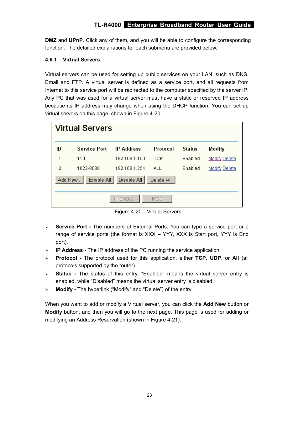 1 virtual servers, Virtual servers, Tl-r4000 enterprise broadband router user guide | TP-Link TL-R4000 User Manual | Page 29 / 65