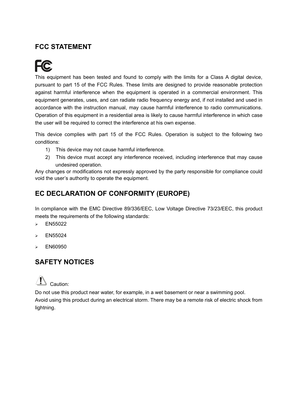 Fcc statement, Ec declaration of conformity (europe), Safety notices | TP-Link TL-R4000 User Manual | Page 3 / 65