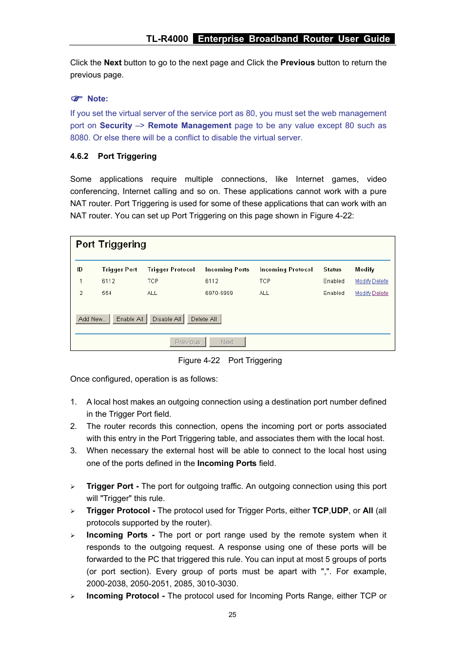 2 port triggering, Port triggering | TP-Link TL-R4000 User Manual | Page 31 / 65