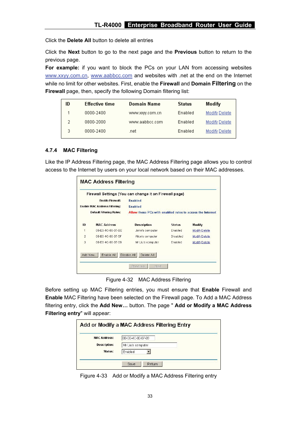 4 mac filtering, Mac filtering | TP-Link TL-R4000 User Manual | Page 39 / 65