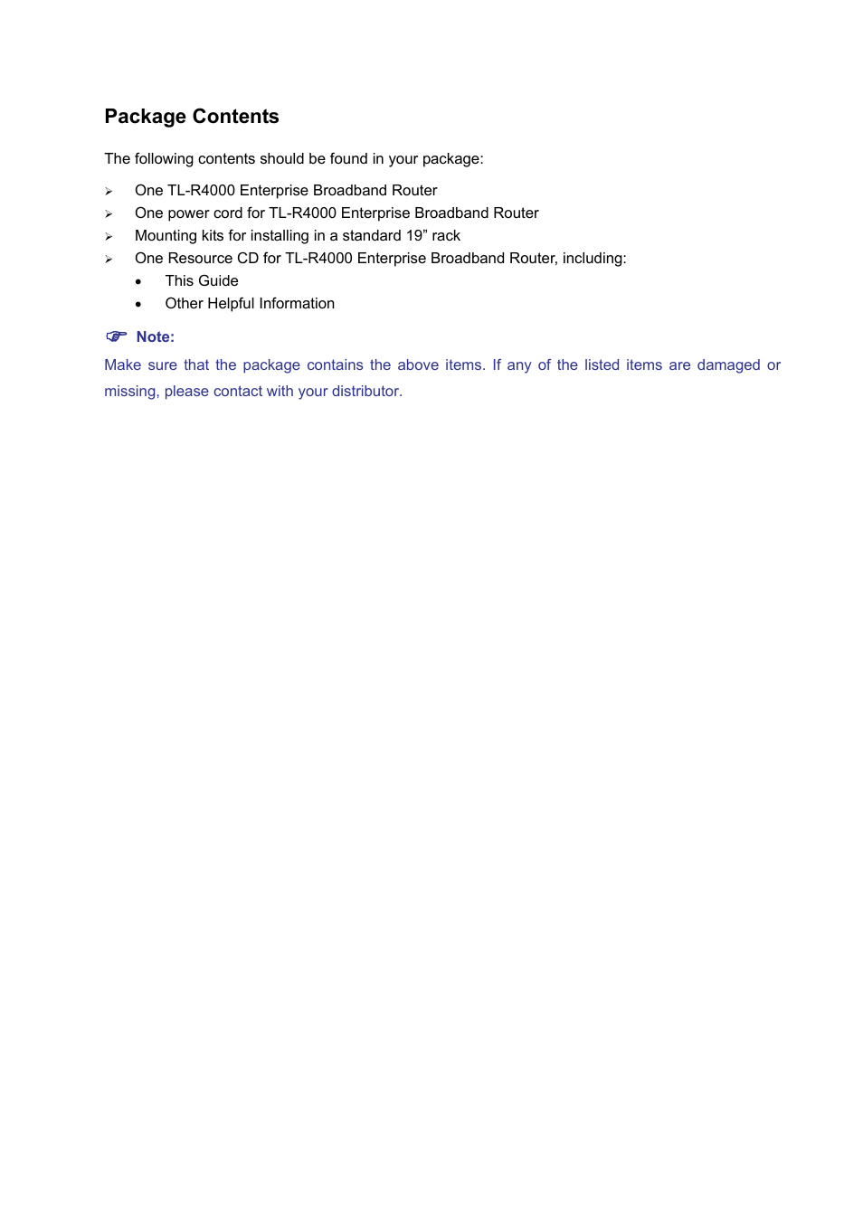 Package contents | TP-Link TL-R4000 User Manual | Page 4 / 65