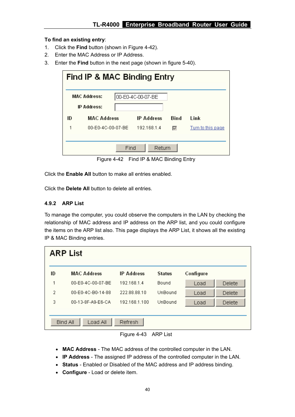 2 arp list, Arp list | TP-Link TL-R4000 User Manual | Page 46 / 65