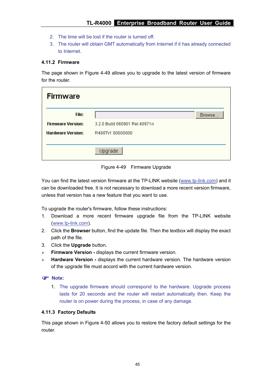 2 firmware, 3 factory defaults, 2 firmware 4.11.3 factory defaults | TP-Link TL-R4000 User Manual | Page 51 / 65