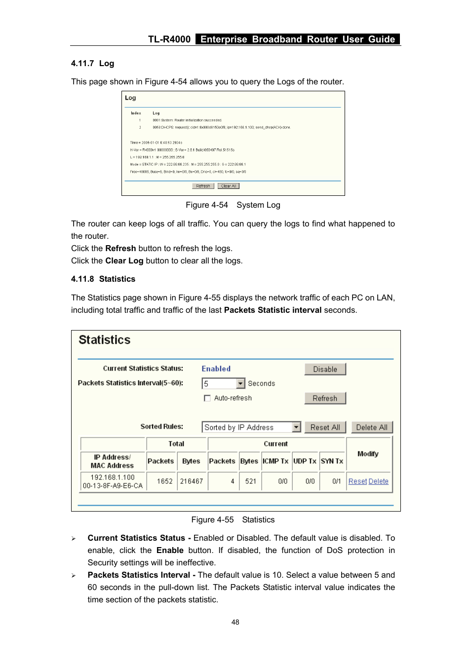 7 log, 8 statistics, 7 log 4.11.8 statistics | Tl-r4000 enterprise broadband router user guide | TP-Link TL-R4000 User Manual | Page 54 / 65