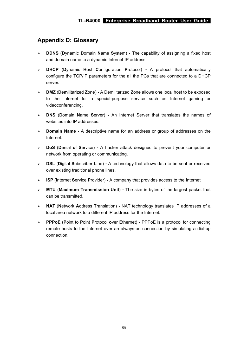 Appendix d: glossary, Tl-r4000 enterprise broadband router user guide | TP-Link TL-R4000 User Manual | Page 65 / 65