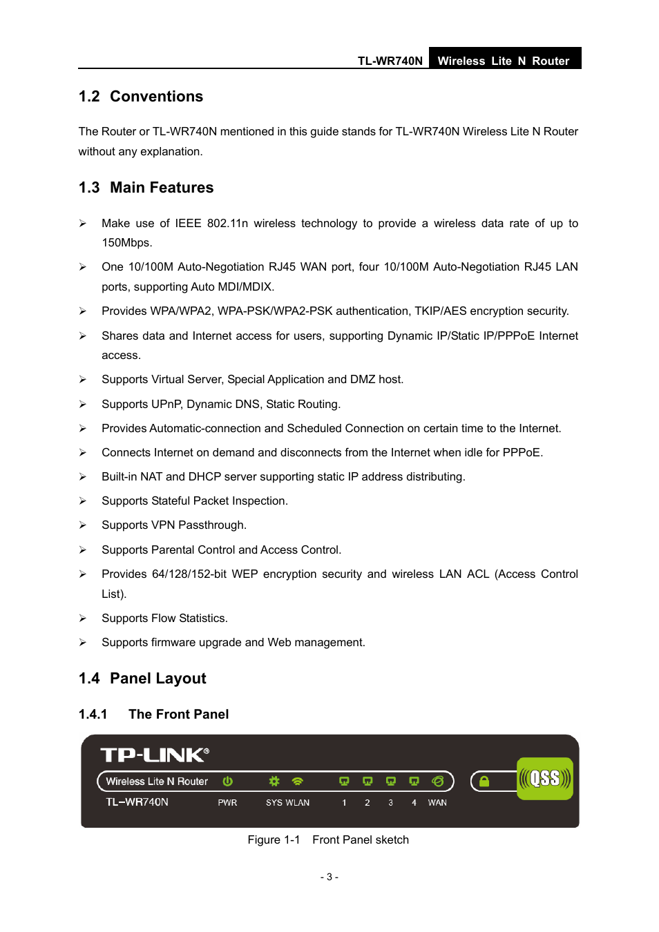 2 conventions, 3 main features, 4 panel layout | 1 the front panel | TP-Link TL-WR740N User Manual | Page 10 / 109
