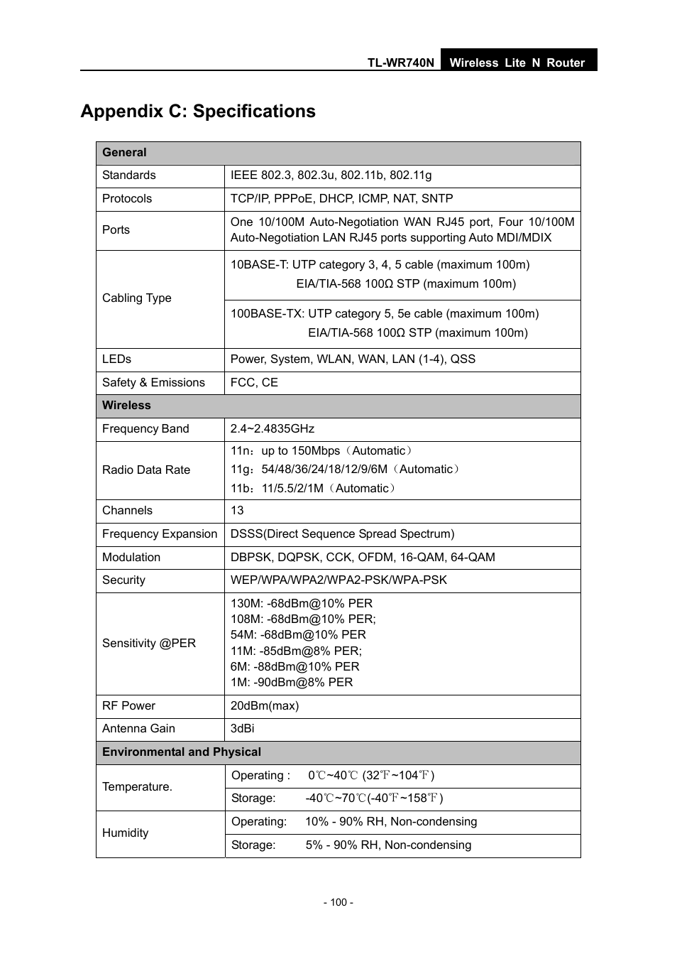 Appendix c: specifications | TP-Link TL-WR740N User Manual | Page 107 / 109