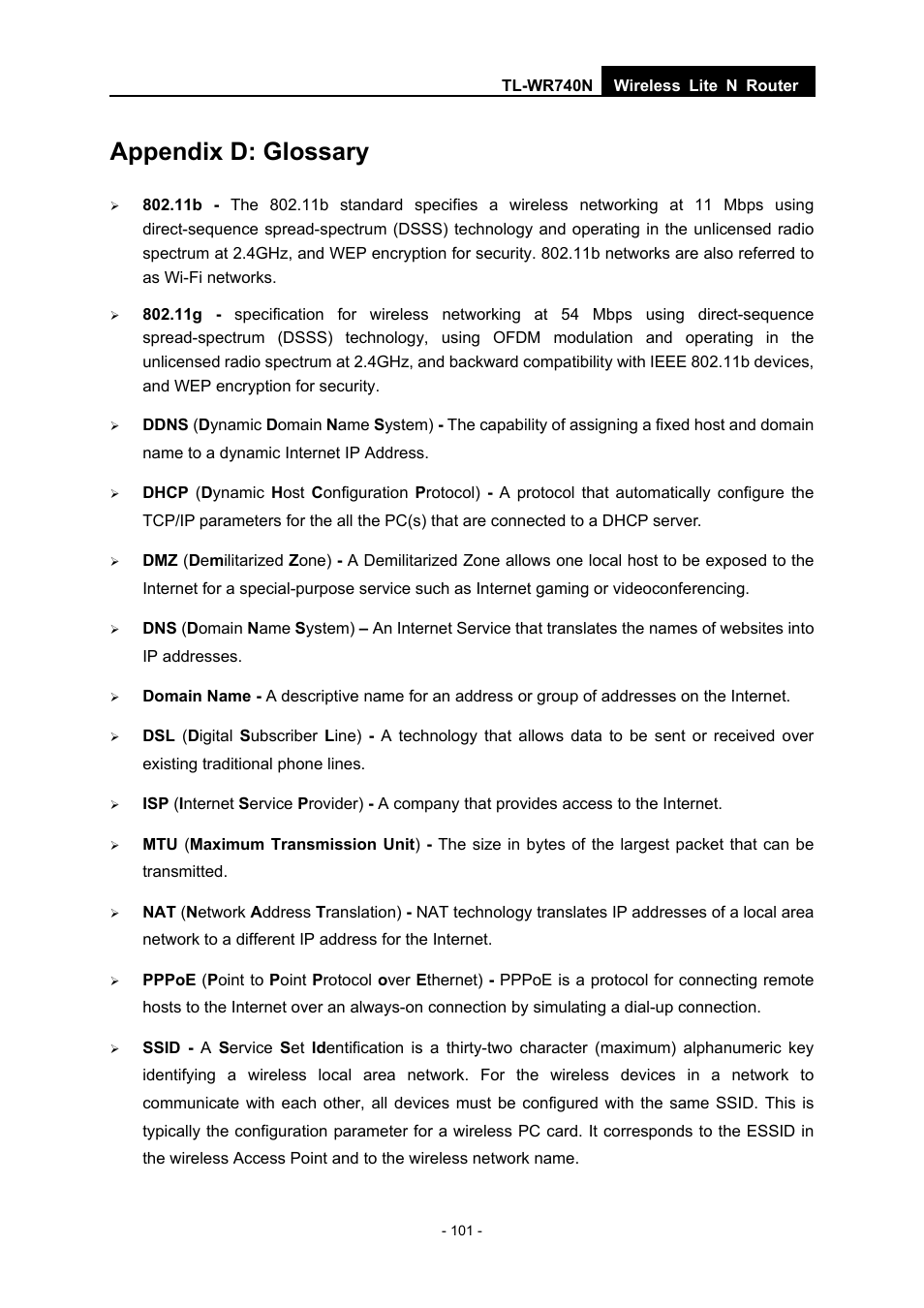 Appendix d: glossary | TP-Link TL-WR740N User Manual | Page 108 / 109