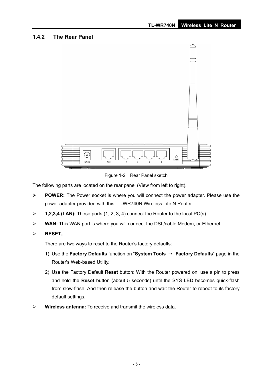 2 the rear panel | TP-Link TL-WR740N User Manual | Page 12 / 109