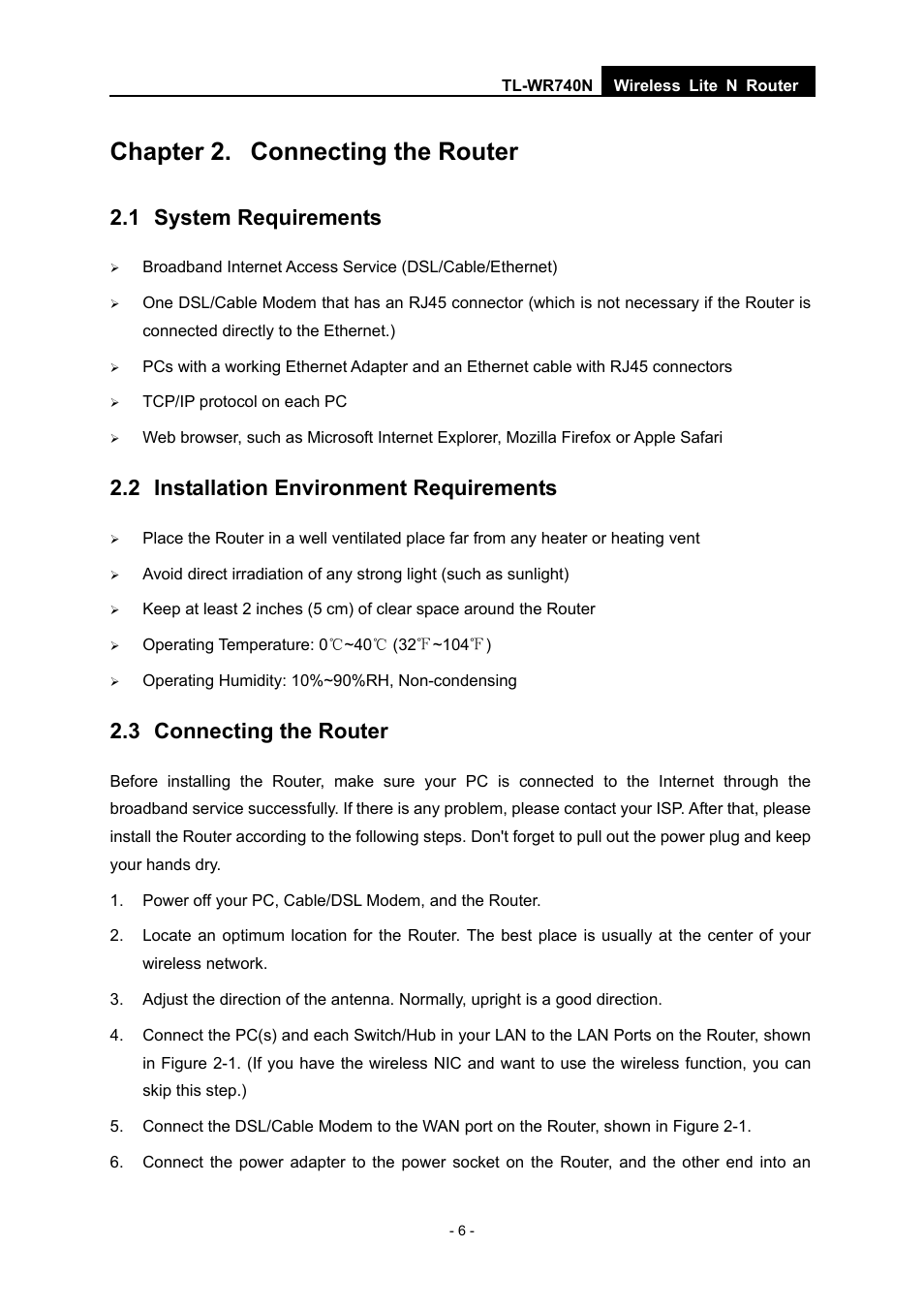 Chapter 2. connecting the router, 1 system requirements, 2 installation environment requirements | 3 connecting the router | TP-Link TL-WR740N User Manual | Page 13 / 109