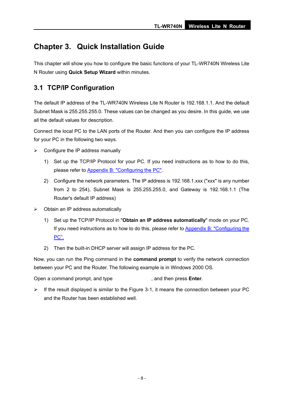 Chapter 3. quick installation guide, 1 tcp/ip configuration | TP-Link TL-WR740N User Manual | Page 15 / 109