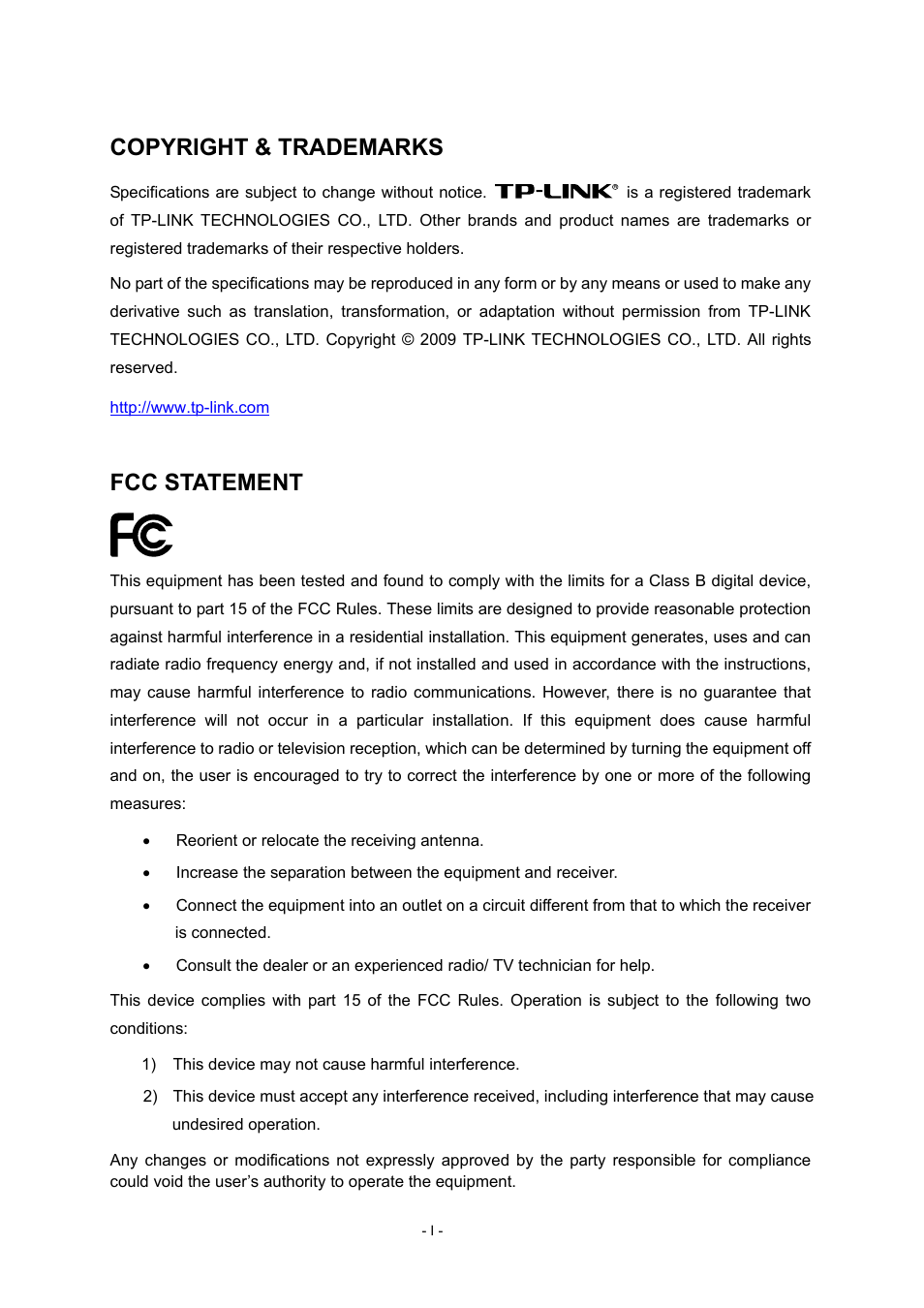 Copyright & trademarks, Fcc statement | TP-Link TL-WR740N User Manual | Page 2 / 109