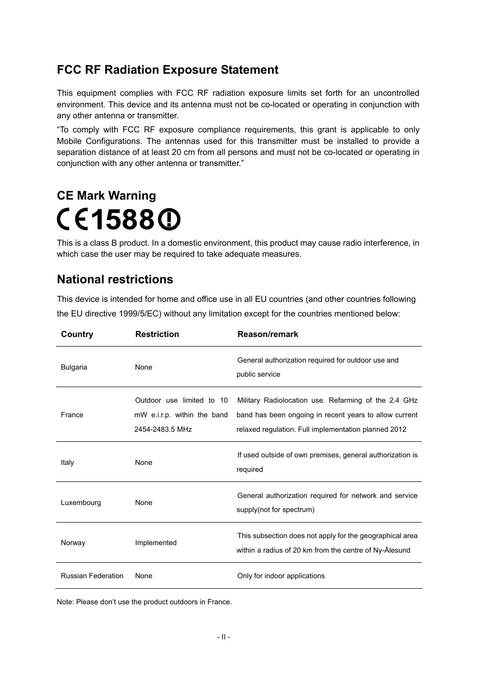 Fcc rf radiation exposure statement, Ce mark warning, National restrictions | TP-Link TL-WR740N User Manual | Page 3 / 109