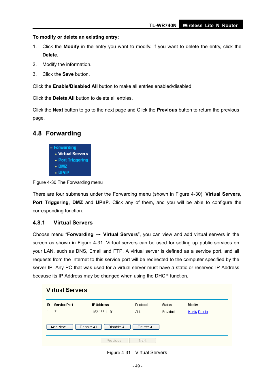 8 forwarding, 1 virtual servers | TP-Link TL-WR740N User Manual | Page 56 / 109