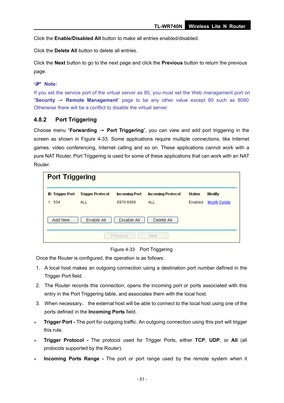2 port triggering | TP-Link TL-WR740N User Manual | Page 58 / 109